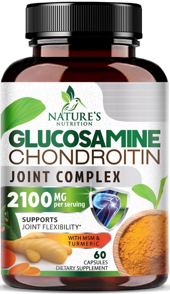 Glucosamine Chondroitin MSM 2100mg Complex - Dodatek pro společnou podporu pro společnou mobilitu a pohodlí pro muže a ženy s turmerickou & boswellia, Triple Strength Glucosamine doplňky - 60 Kapsle