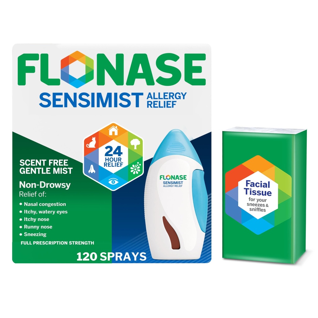 Flonáza Sensimist Alergie Relief Nasal Spray - Non- Drowsy 24HR Dlouhé Trvání Alergie Relief s Fine, Scent- Free Mist - 120 Spreys Plus Bonus Pack Tisses