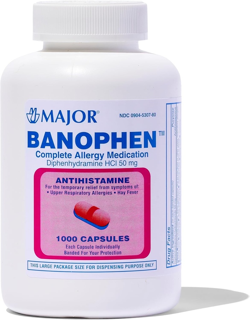 MAJOR Banofen Diphenhydramine HCI 50 mg Kapsle - Dočasná úleva od příznaků Hay horečky a horních respiračních alergií - Antihistamin - alergická medicína - 1000 Kapsle (1- Pack)