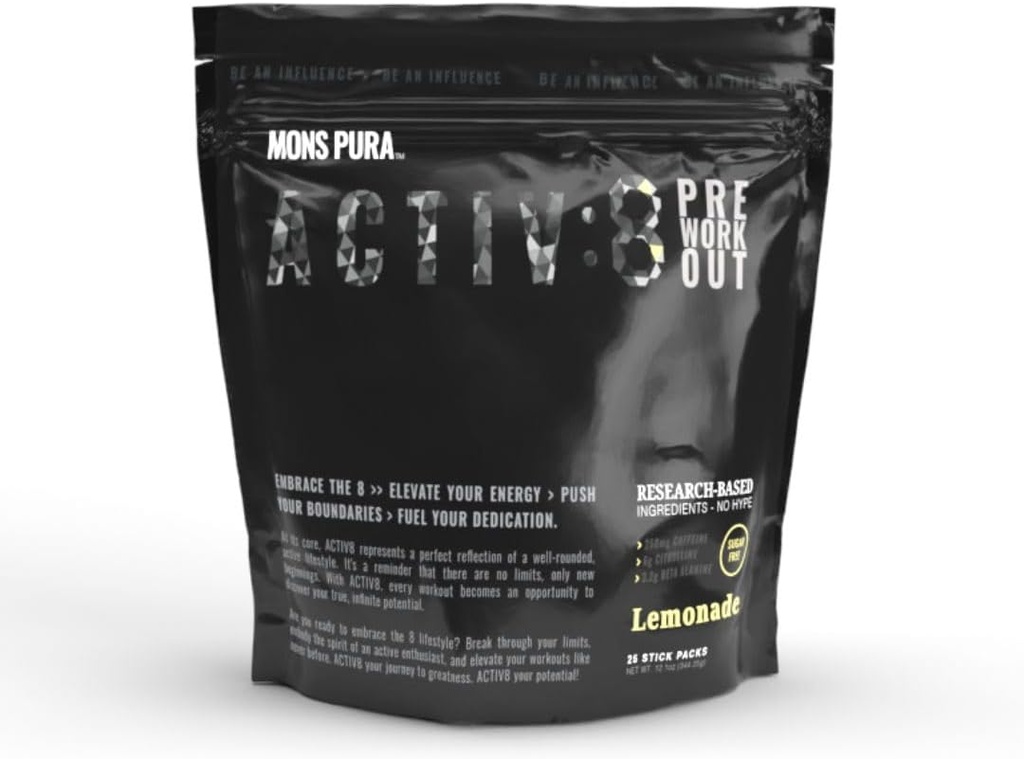 Activ8 Pre- cvičení Lemonade Pouch: Energize cvičení se složkami na bázi výzkumu - 250mg kofeinu, Sugar- zdarma 25 Stick Pack