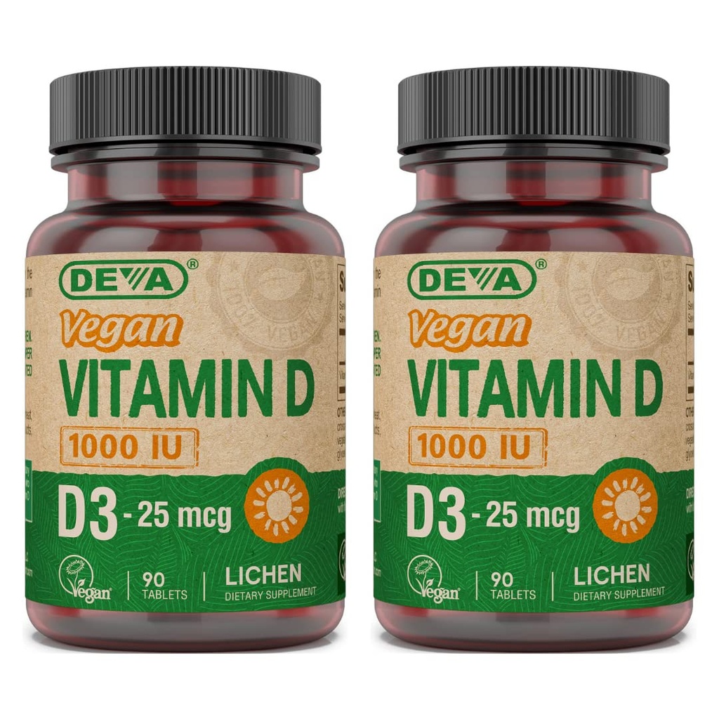 DEVA Vegan Vitamin D3 dodatek - Once- Per- Day Tablet s 1000 IU - Cholekalciferol - Lichen Plant Derived - 90 malých tablet, 2- Pack