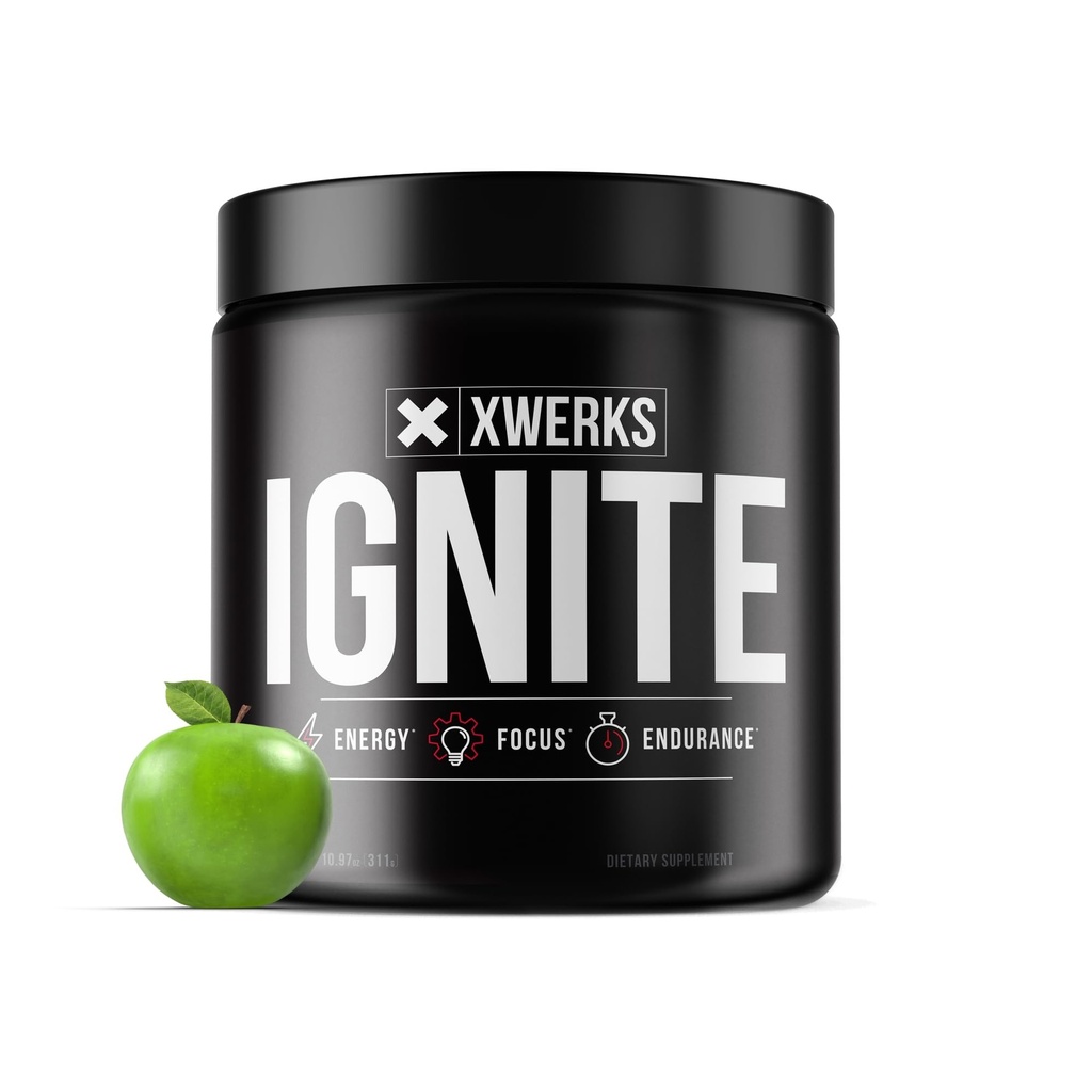 Xwerks Ignite Green Apple Pre Workout Powder, Natural Keto Pre Workout pro ženy a muže s výbušnou energií, Gluten Free Blend for Endurance and Stamina, 150mg Caffeine, 30 Služeb