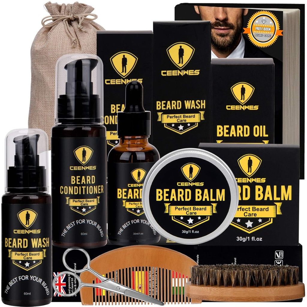 Ceenwes Upgraded Beard Grooming Kit - Kondicionér, Olej, kartáč, Comb, Balzám, Nůžky, Skladovací taška pro Vousy a Knížky, Perfect Men 's Gift
