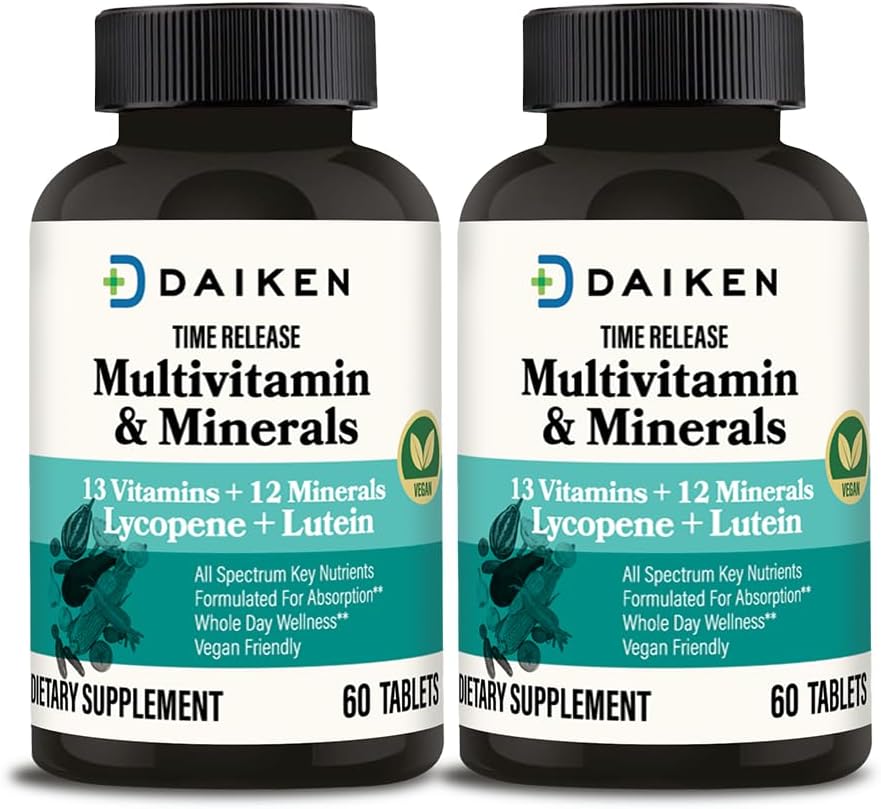 DAIKEN Mini Multivitamin, 60 Tablet, Vylepšená s Lutein, Lycopen & Folic Acid, Čas uvolněn Multivitamin pro ženy a muže, Vegan & Snadno spolknout (Balení po 2)