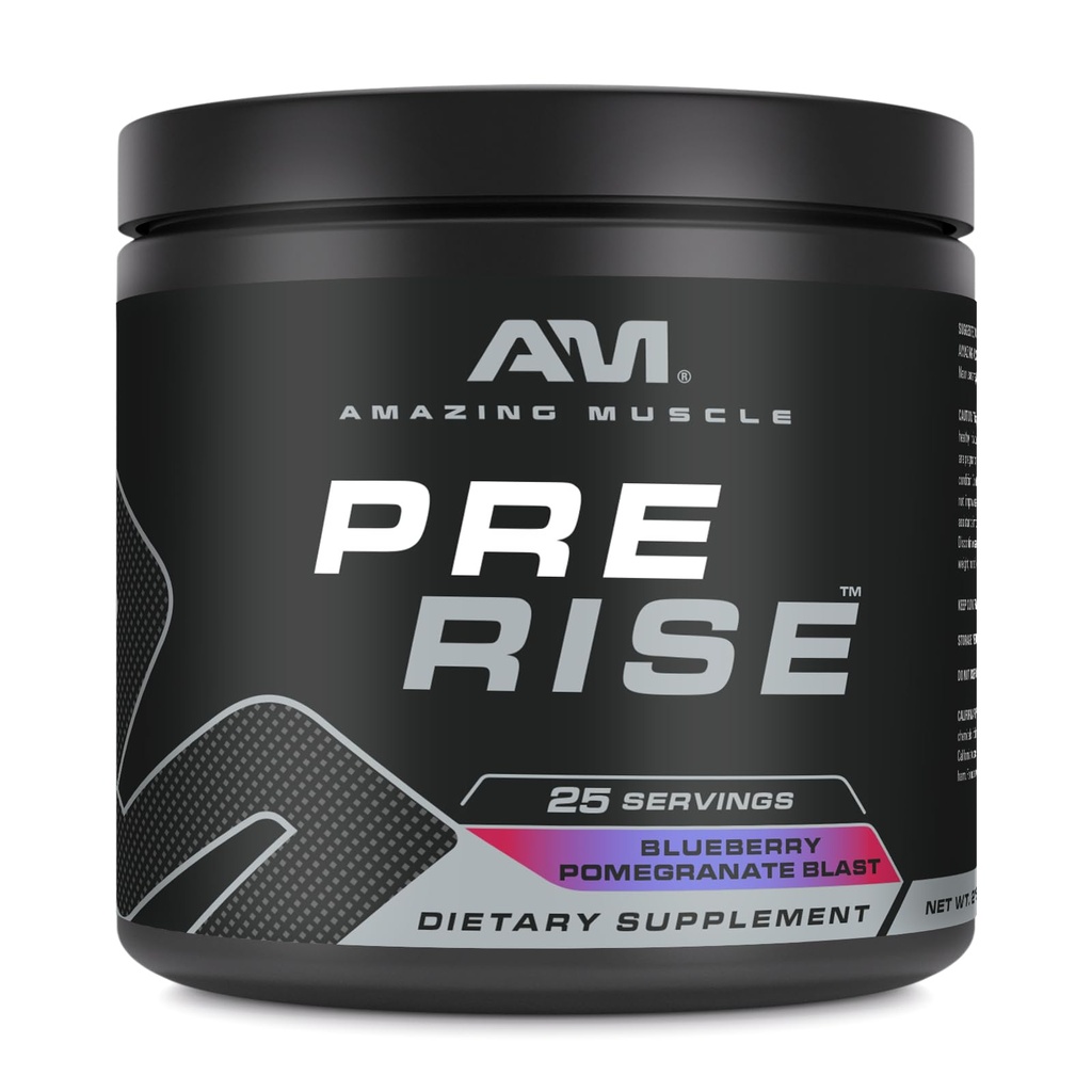 Amazing Muscle Pre Rise 124; Předcvičení Práškový dodatek s kofeinem & Beta- Alanin pro muže & Ženy 124; 25 Služení (25 Sluhy, Blueberry Pomegranate Blast)