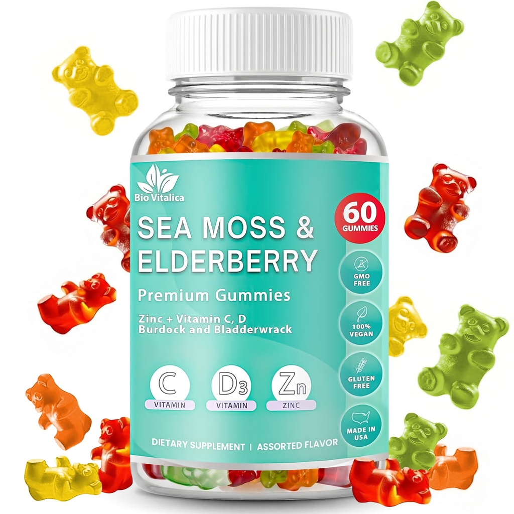 BIO VITALICA Moss Gummies Elderberry Biologica - Vitamin C D + Zinek - Irský Seamoss Vegan Gummy s Moss Moss Gel & Powder for Immunity, Detox - pro dospělé a děti