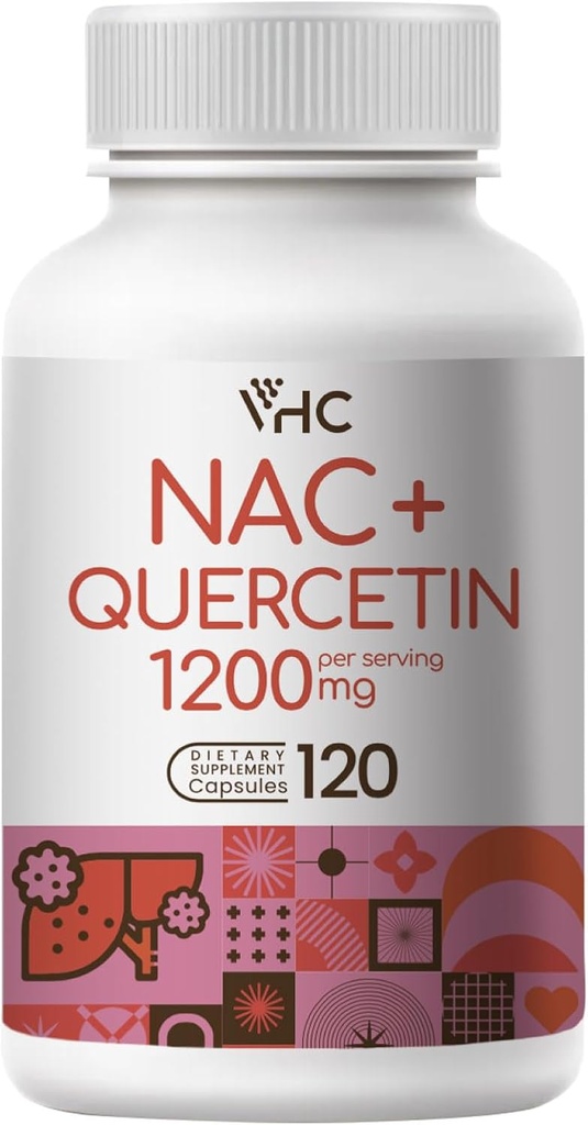VHC NAC dodatek, Acetyl L- Carnitin 1200mg Plus Quercetin, Optimální dávka (1200mg + 100mg), 2 v 1 Dual Action Formule N- Acetyl- L- Cystein s Quercetin, pro Respirační, jaterní, imunitní, Made in USA