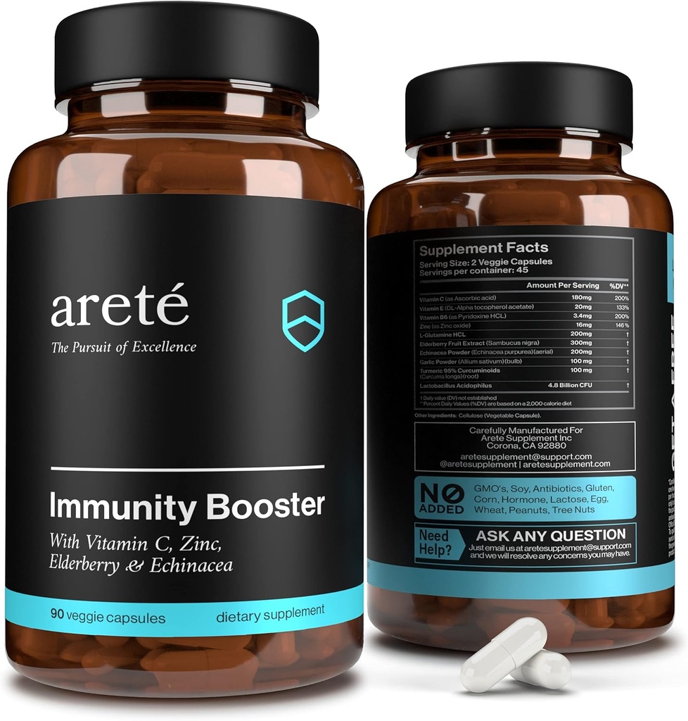 Premium Imunity Booster Doplněk - 10 v 1 Přírodní Respirační a imunitní systém Booster, 90 Kapsle, Vitamin C, Zinek, Bezinky, Kurkumin, Česnek, Probiotický imunitní Boost Podpora Vitamíny
