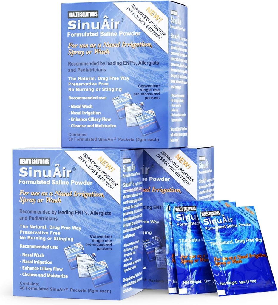 SinuAir Saline Packets for Sinus Rinse - Premixed Salt Solution Powder for SinuPulse Elite System, Neti Pot, Nose Wash Lahvička & Nasal zavlažování, 90 Packets