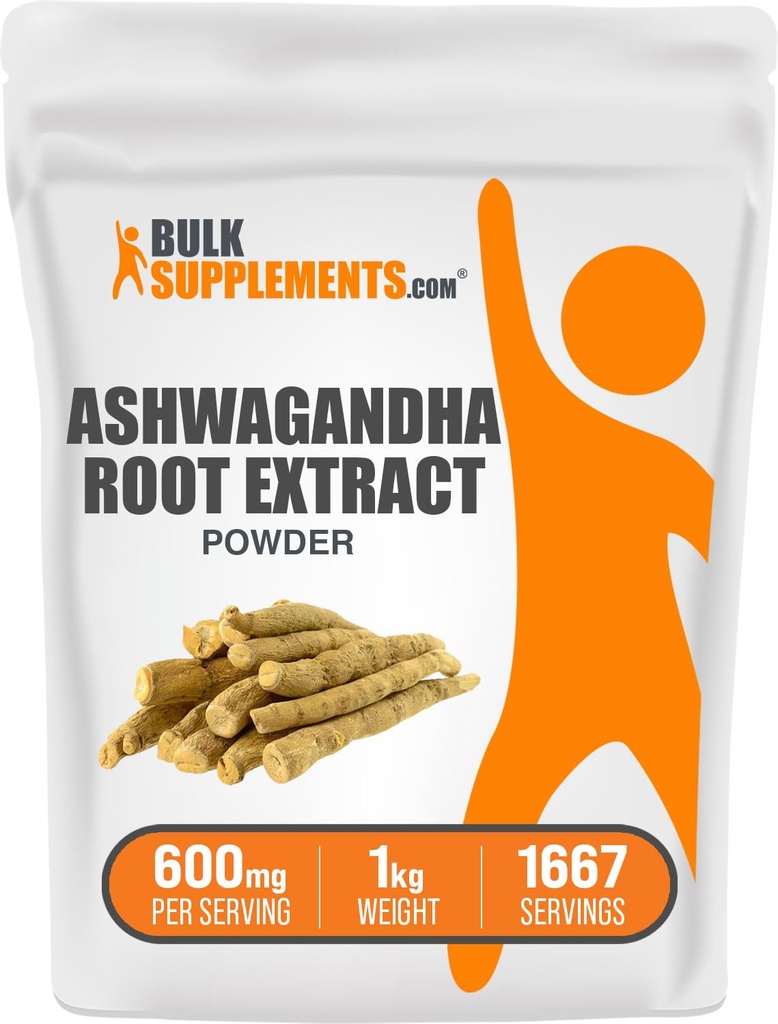 BulkSupplements.com Ashwagandha Root Extract Powder - Ashwagandha Dodatek, Bylinný dodatek - Vegan & gluten zdarma, 600mg na Serving, 1kg (2,2 lbs) (Balení po 1)