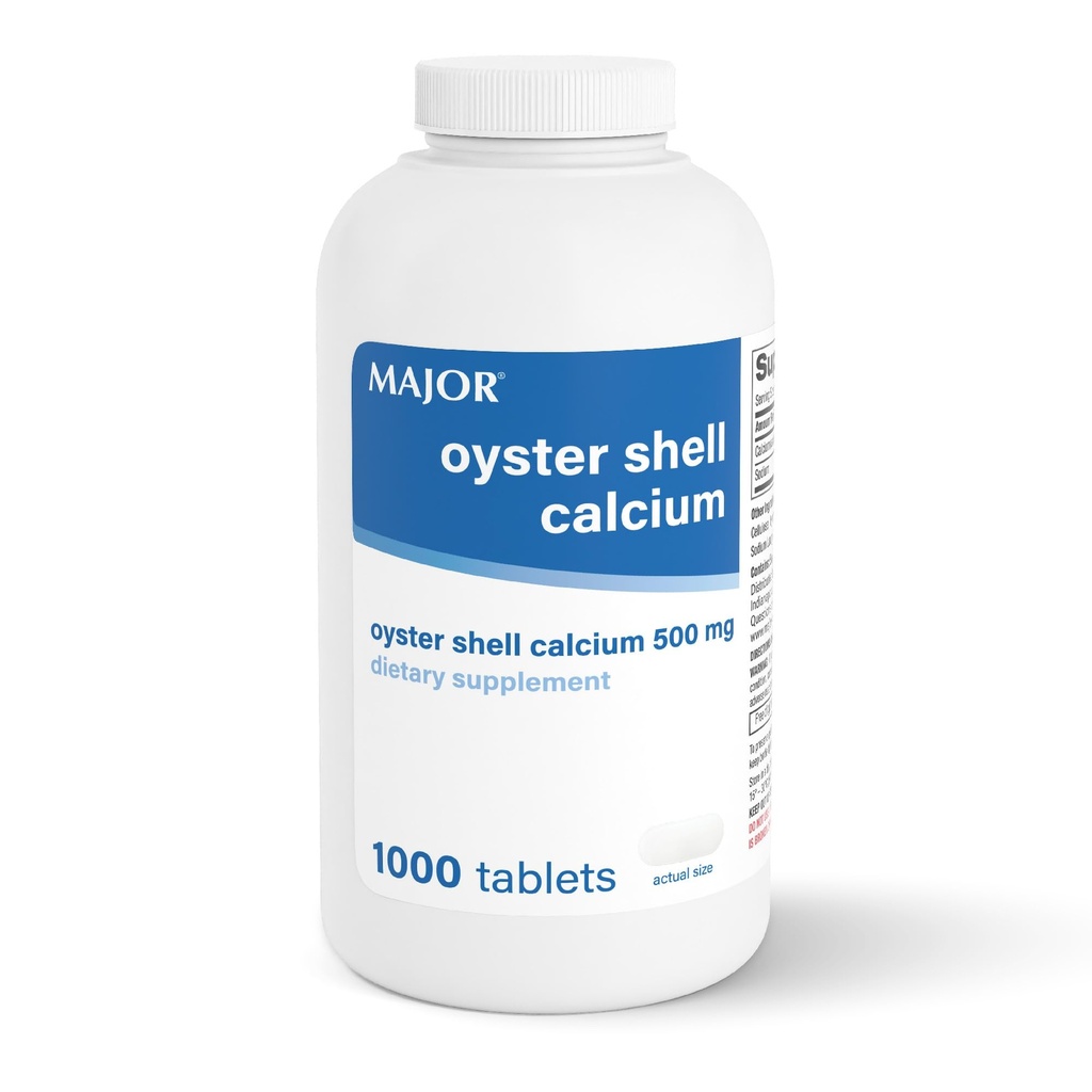 MAJOR Oyster Shell Calcium 500 mg - Denní dietní dodatek pro zdraví a společnou podporu kostí, Minerální dodatek pro muže a ženy, bezlepkový - 1000 tablet (1 balení)