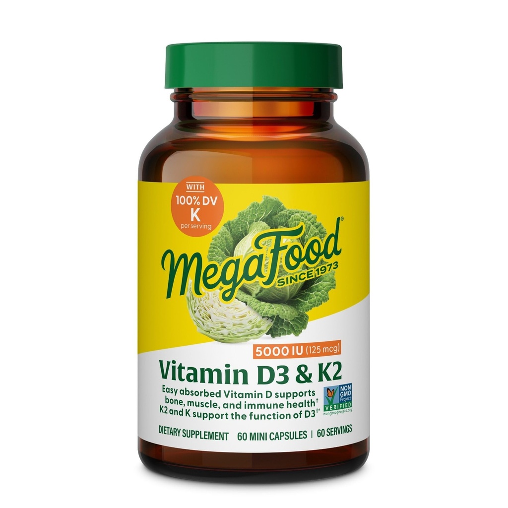 MegaFood Vitamin D3 5000 IU (125 mcg) - Vegetariánské doplňky s vitamínem D3 K2 - Podporuje kosti, zuby, svaly a imunitní zdraví - Certified Non- GMO - 60 Mini kapsle, 60 Služeb
