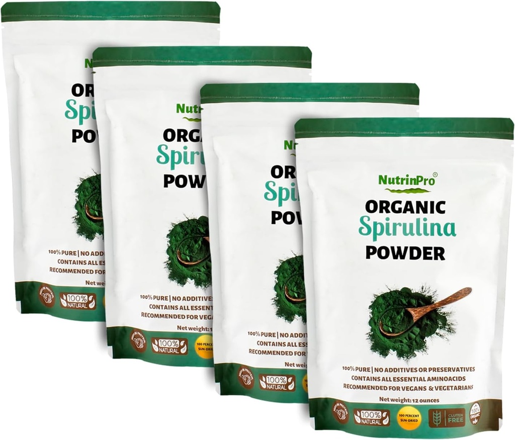 Four Pack Spirulina Powder for Juice and Smocomed Mix; 100% přírodní, USDA Organic and Gluten Free, s vysokým proteinem, vitamíny, antioxidanty a minerály (12 Ounces) (4)