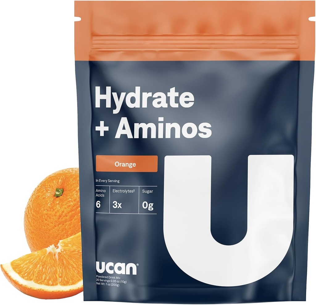 UCAN Hydrate + Aminos, Orange 20 Serving Bag, Keto, Sugar- Free Electrolyte + Muscle Recovery, Essential Electrolytes + EAA & BCAA, Non- GMO, Vegan, pro běžce, Gym- Goers, Performance Sportetes