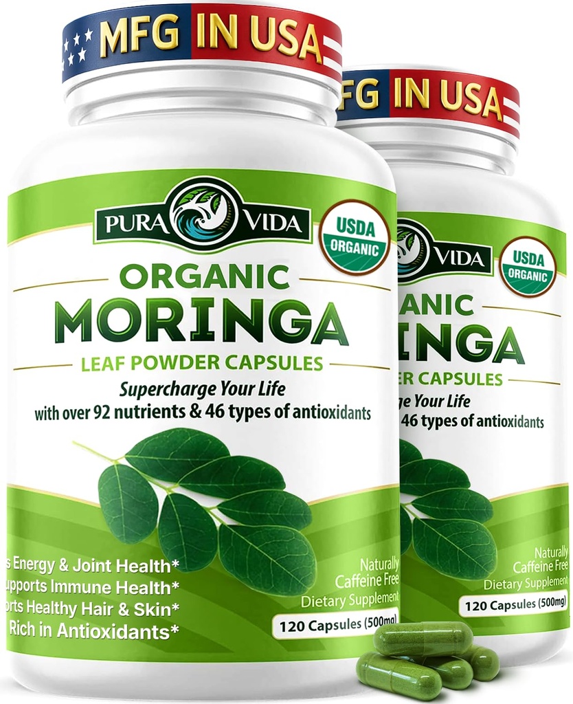 PURA VIDA MORINGA Kapsle Single Origin Organic Moringa Powder. Moringa Leaf. Energie, Metabolismus, a imunitní podpora. 120ct. 500mg Kapsle. (Balení po 2)