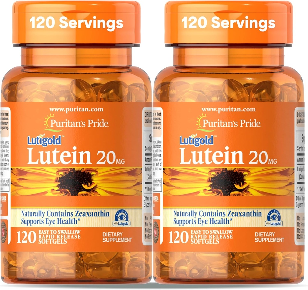 Puritan 's Pride Premium Lutigold Lutein Carotenoid 20mg s Zeaxanthin pro muže a ženy, Dietní dodatek pro podporu zdraví očí, 8 Měsíční zásoba, 120 Easy- to- Swallow Softgels, 2 Pack