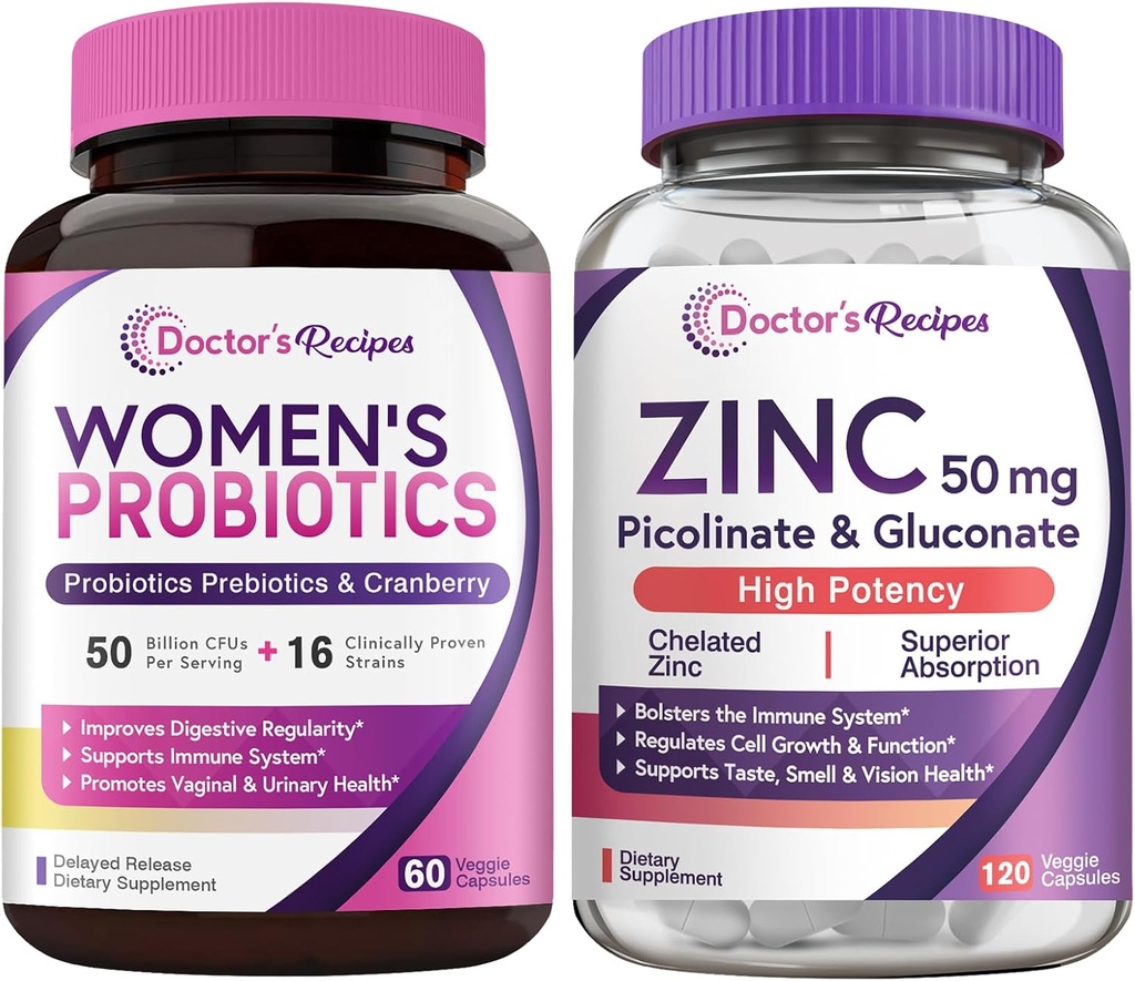 Lékařské recepty Ženské Probiotické & Zinkové Bundle, Digestivní, Vaginální & Močové zdraví, Přírodní imunitní obrana, Zpožděné uvolnění Probiotické kapsle 60ct & Zinkové kapsle 120 ct