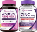 Lékařské recepty Ženské Probiotické & Zinkové Bundle, Digestivní, Vaginální & Močové zdraví, Přírodní imunitní obrana, Zpožděné uvolnění Probiotické kapsle 60ct & Zinkové kapsle 120 ct