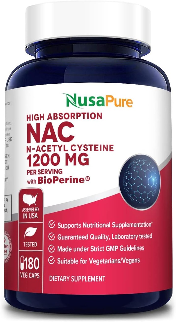 NusaPure N- Acetyl Cystein (NAC) 1200mg 180 Veggie Caps (Vegetarian, Non- GMO, Gluten Free) Bioperin
