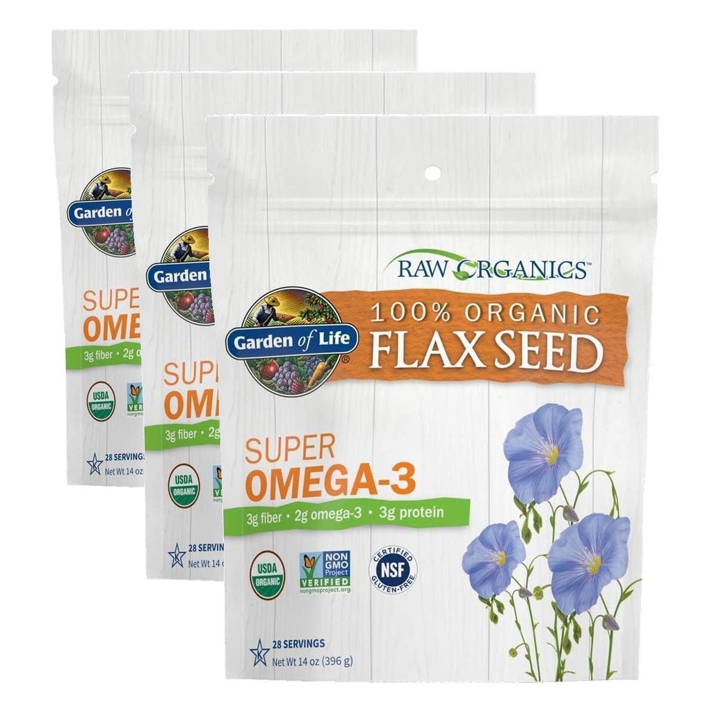Zahrada života 100% Organic Ground Flax Seed, Cold Milled Premium Golden Flaxseed Meal pro ženy a muže, 2g Omega 3, Lignans, 3g Fiber, 3g protein, Jedna ingredience, Konzervační zdarma, 28 Doručování (balení 3)