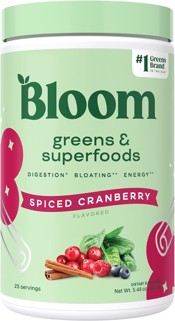 Bloom Nutrition Superfood Green Powder, Digestive Enzymy s probiotika a prebiotika, Gut zdraví, Bloating Relief pro ženy, Chlorella, Green Juice Mix s Beet Root, 25 SVG, kořeněné brusinky