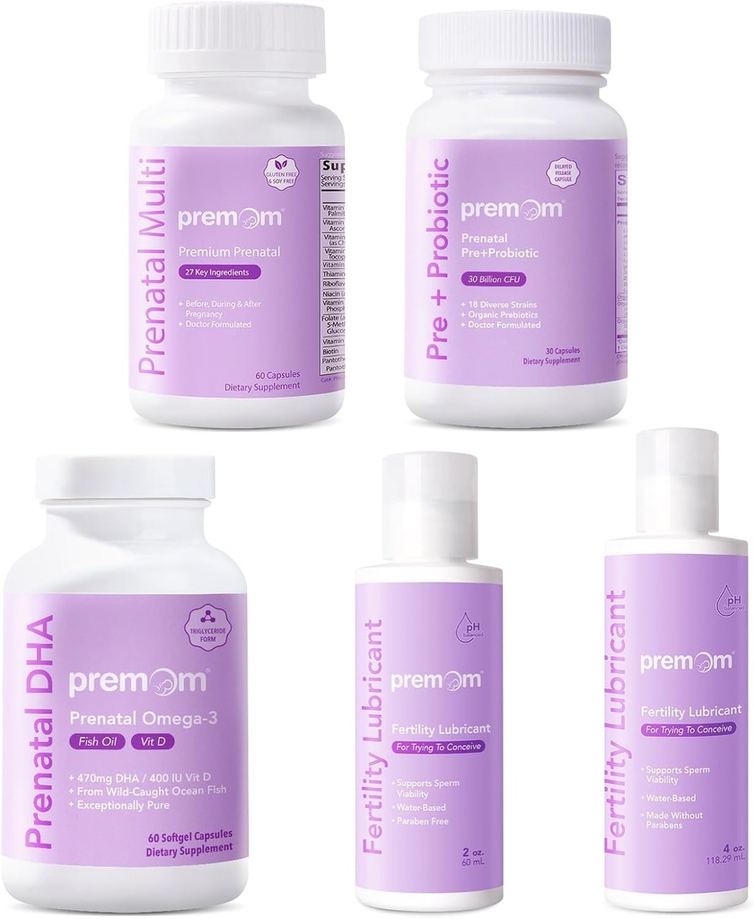 Premom Multivitamin pro ženy + Prenatal DHA Fish Oil + Prenatal Pre & Probiotika + osobní plodnost Lubrikant pro početí 2 & 4 Fl Oz