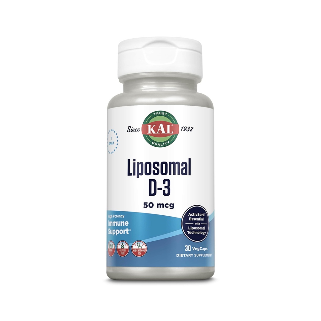 KAL Liposomální vitamin D3 50 mcg, vysoká absorpce vitaminu D, liposomální technologie, vysoce potentní imunitní podpora, Veganské kapsle, gluten zdarma, No Soy, 30 Servings