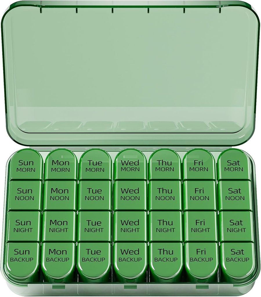Odaro Weekly Pill Organizátor 4 krát denně, Denní Pill Box 7 Day, Velká cestovní Pill Pouzdro s 28 kompartmenty držet medicínu, vitamín a dodatek - Plná oliva
