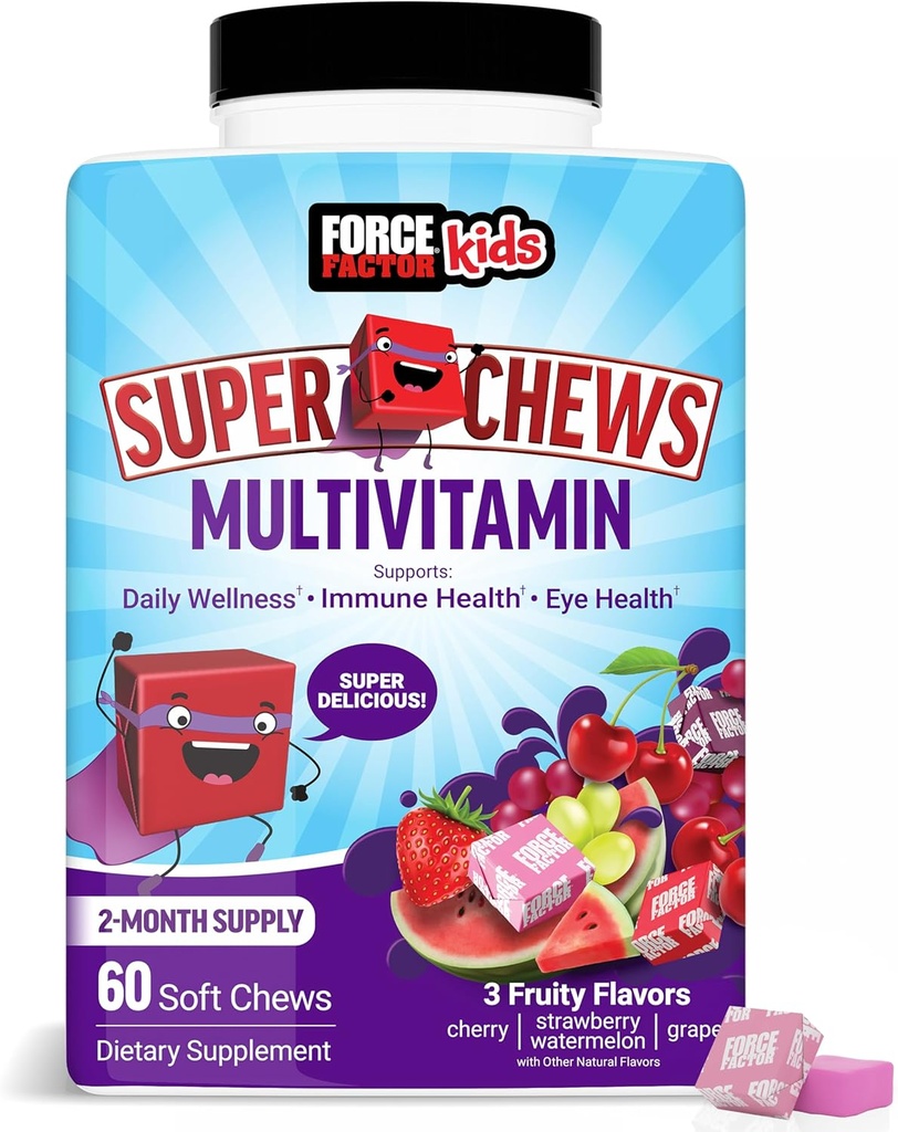 Force Factor Kids Multivitamin Super Chews, Děti Vitamíny na podporu Wellness, imunitní zdraví, Oční zdraví, & Více s 18 Vitamíny, Minerály, & Antioxidanty, 2-Month Supply, Multi- Flavor, 60 Soft Chews
