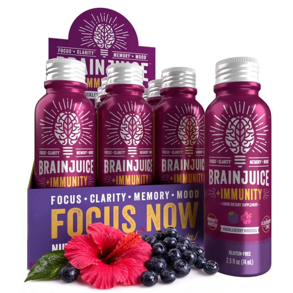 BrainJuice Brain and Imunity Support Shot, Gluten Free Supplement Pants for Energy, Focus, Imunity with Vitamin D, C B, Alpha GPC & Organic Ginger Root, Huckleberry Hibiscus, 2.5 fl oz, 12 Pack