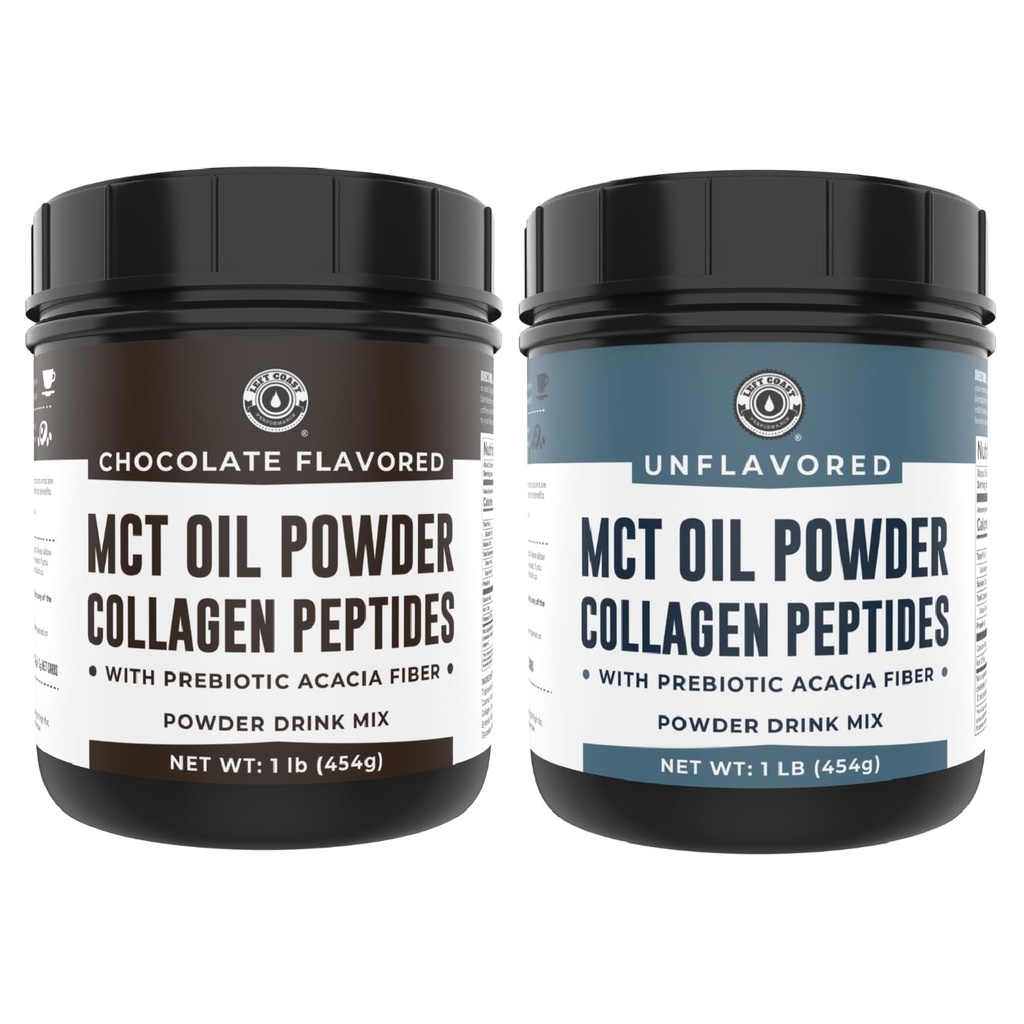 Levý pobřeží Výkon Čokoláda MCT Oil Powder & Collagen Peptides, 1lb + Neochucené MCT Oil Powder & Collagen Peptides, 1lb