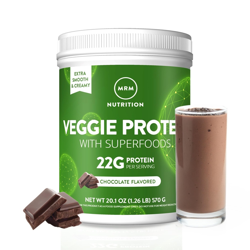 MRM Nutriční Veggie Protein se superpotravinami 124; čokoláda ochucená 124; 22g Kompletní protein 124; nad 8.8g Esenciální aminokyseliny 124; 13 superpotraviny 124; s Omega 3s a Omega6s 124; Keto Friendly 124; 30 Serings