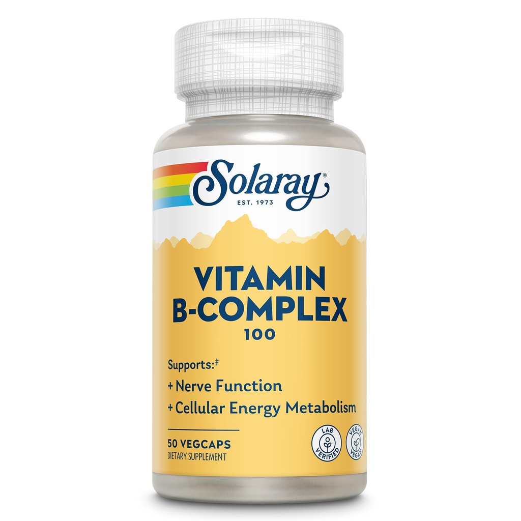 SOLARAY vitamin B Complex 100mg - Podpora buněčné energie, nervu a srdečního zdraví - Dodává všechny 8 B komplexní vitaminy - vitamín B12, B1, B2, B3, B6, niacin, kyselina listová a biotin - Vegan, 50 Služeb
