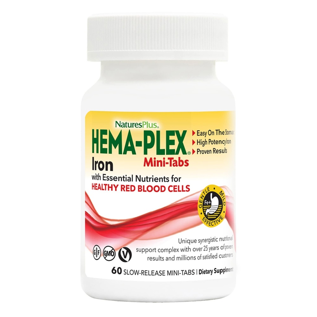 NaturesPlus Hema- Plex Iron - 60 Slow-Release Mini- Tabs - 85 mg Chelated Iron - Total Blood Health - with Vitamin C & Bioflavonoids - Vegan, Gluten Free - 30 Služení