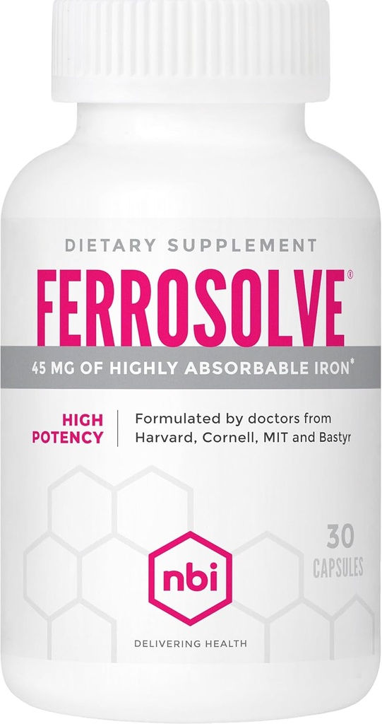 NBI FerroSolve, Nejlepší Absorpční doplněk železa 45 mg PHARMAN 124; High potency PHARMAN 124; GI Safe PHARMAN 124; 30ct Veggie Kapsle