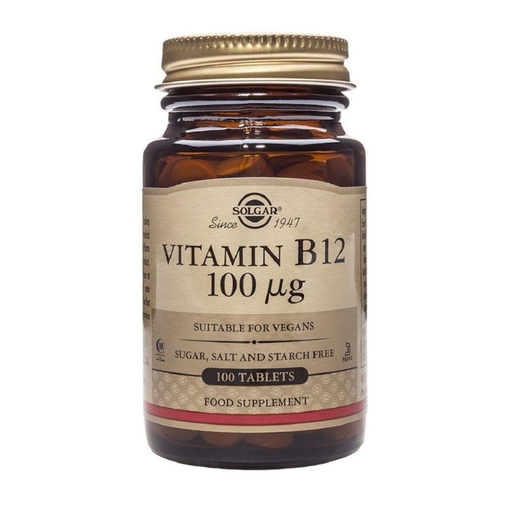 Solgar Vitamin B12 100 mcg - 100 tablet - Energetický metabolismus a podpora nervového systému - Non- GMO, Vegan, Gluten & Dairy Free, Kosher, Halal - 100 Služeb
