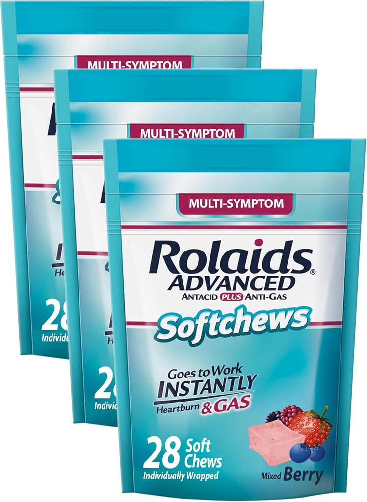 Rolaides Advanced Antacid Plus Anti- Gas Softchews, 28 Počet, Smíšené Berry, Heartburn a plynová úleva (balení po 3)