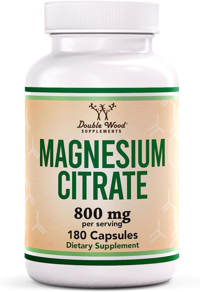 Magnesium Citrát 800mg, 180 Kapsle, Digestion & Podpora zácpy, Vegan Safe, Non- GMO, Dvojité dřevěné doplňky