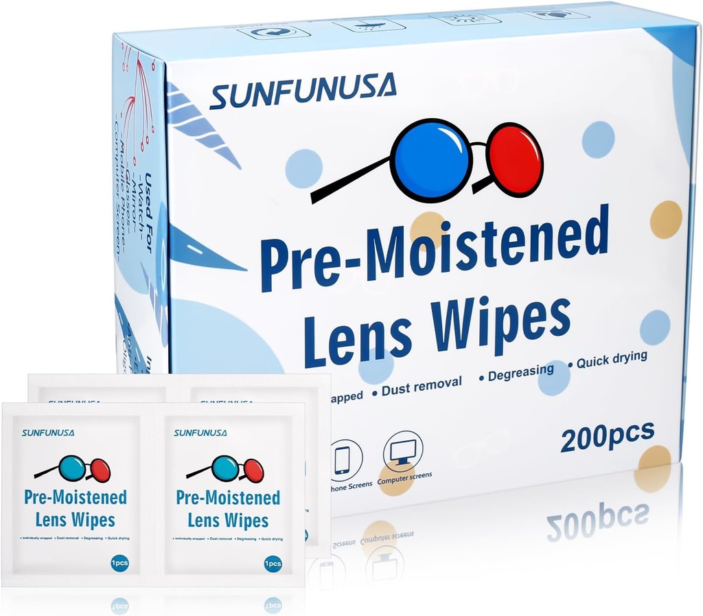 200 Count Lens čištění Wipes- Pre- hydratované jednotlivě zabalené brýle Wipes Optical Screen Cleaner Streak Free Fast Sušení