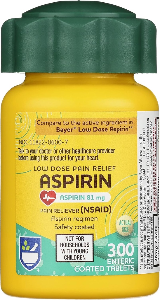 Aspirin Aspirin Enteric Tablets, 81 mg Aspirin - 300 Počet, Nízká dávka Relief bolesti, Aspirin pro bolest hlavy Relief, Enteric Safety Coated Tablets, Aspirin Regimen, Migréna Medicine, Relief bolesti