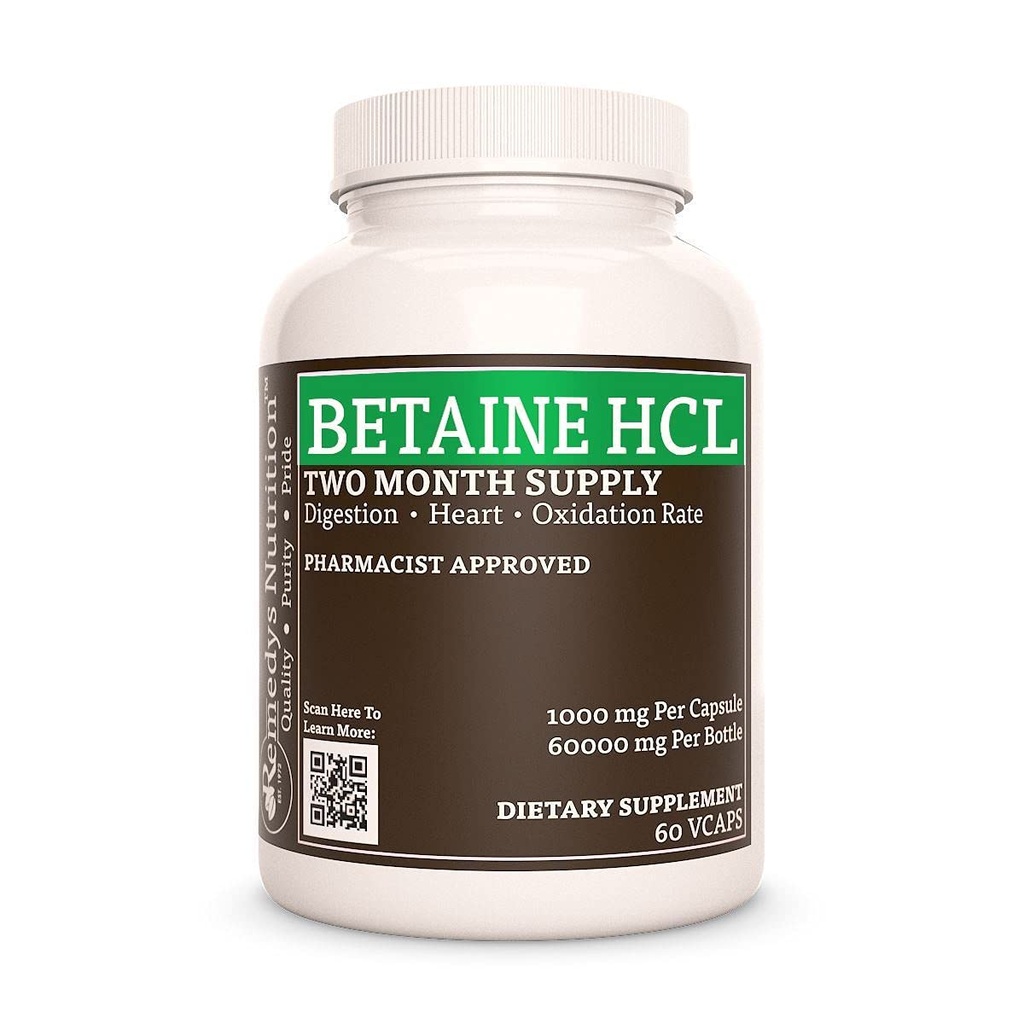 Remedy 's Nutrition Betaine HCL (Hydrochloride) CLAS124; 1000 mg, 60 Kapsle Dietní dodatek CLAS124; Dva měsíce dodávky CLAS124; Obsahuje také uhličitan vápenatý, Papain & Bromelain