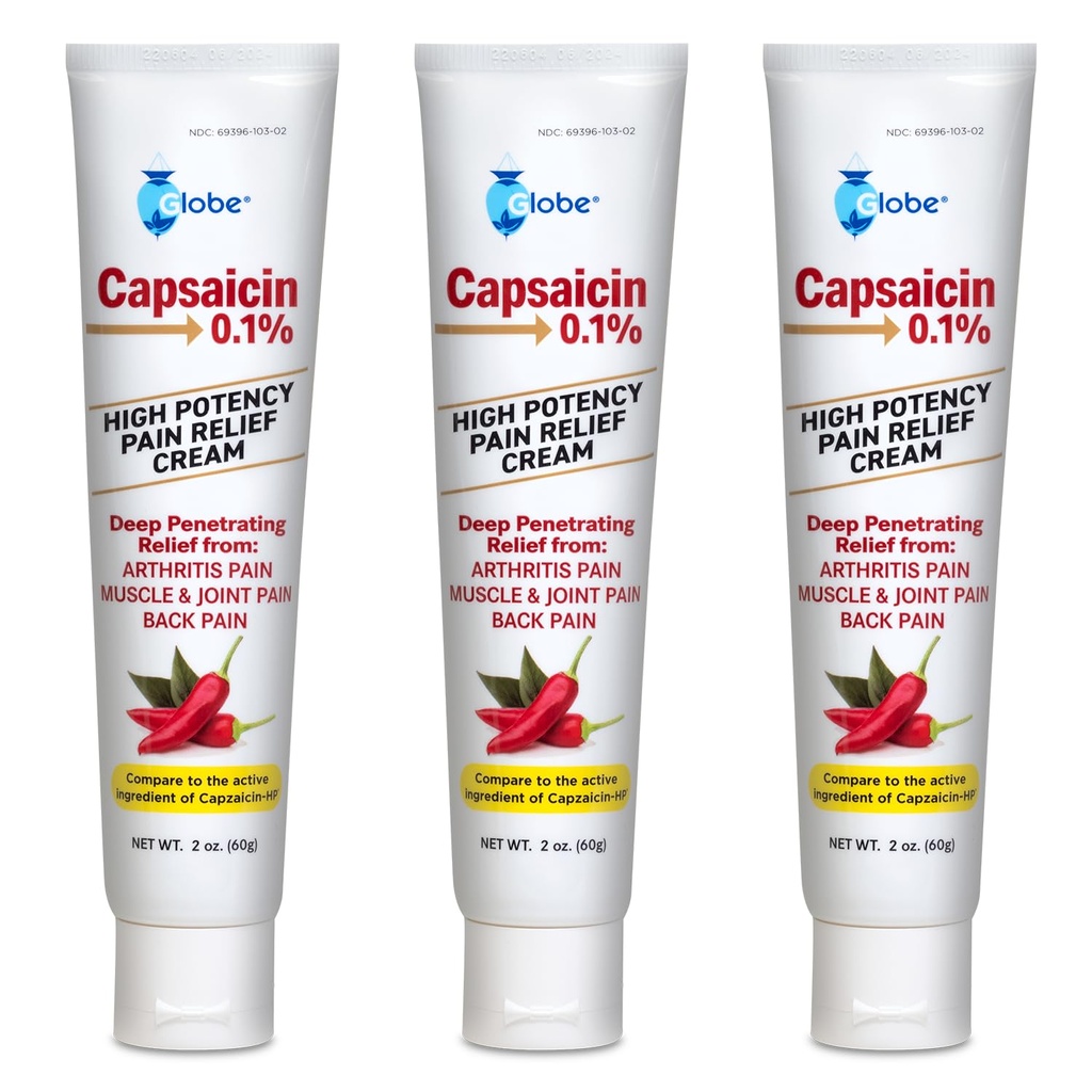Globe (3 Pack) Capsaicin 0, 1% High potency Pain Relief Cream, Nevoňavý (2 oz) Deep penetrating Relief from: Artritis, Muscle, Joint and Back Pain