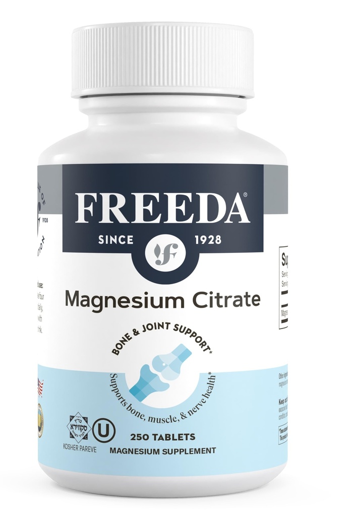 Freeda Magnesium Citrát 400mg per Serving - Vysokoabsorpční magnesium Citrát Tablety - Essential Mineral for Nerve & Bone Health - Vegan, Kosher, gluten- Free Magnesium Dodatek (250 Ct)