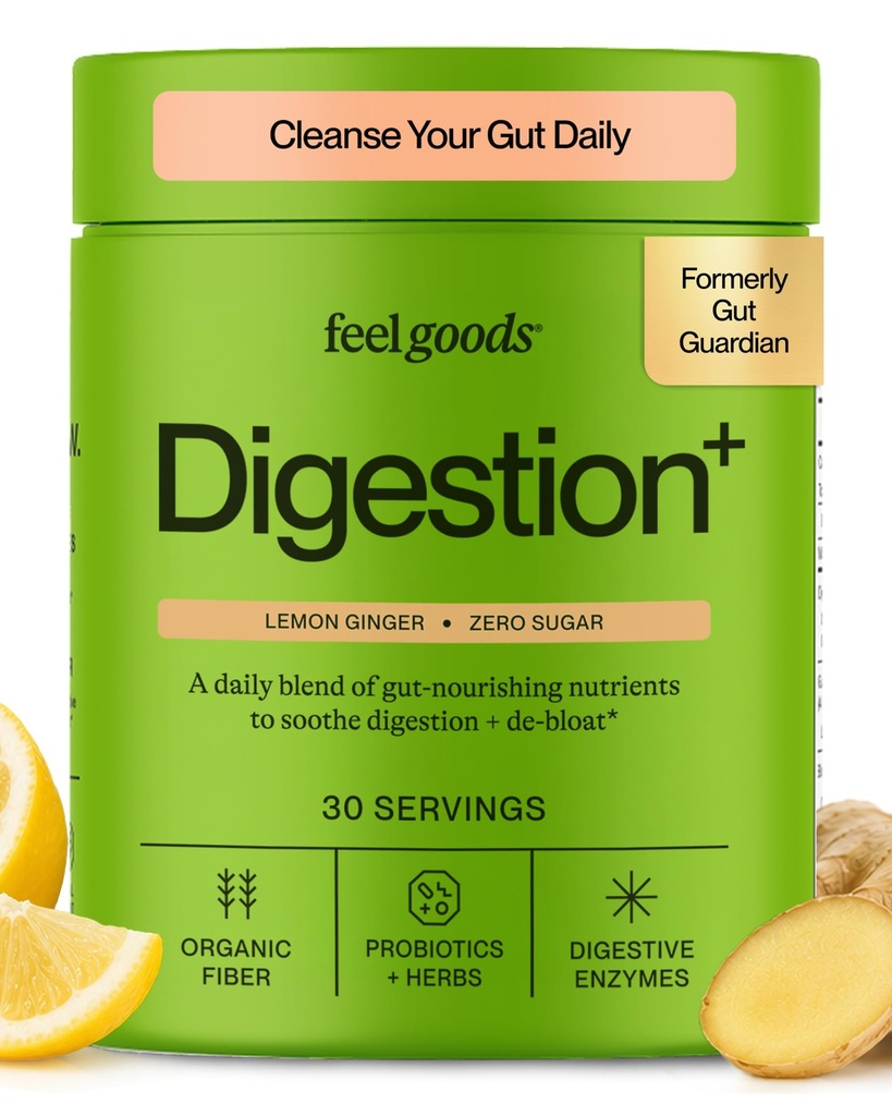 Feel zboží Gut Guardian, Organic Fiber, Probiotic & Prebiotic Powder, Sugar Free, Byliny pro Bloat, Gut Zdravotní podpora, Digestive Health for Men & Women, Non GMO, Vegan, Lemon Ginger, 30 Služeb