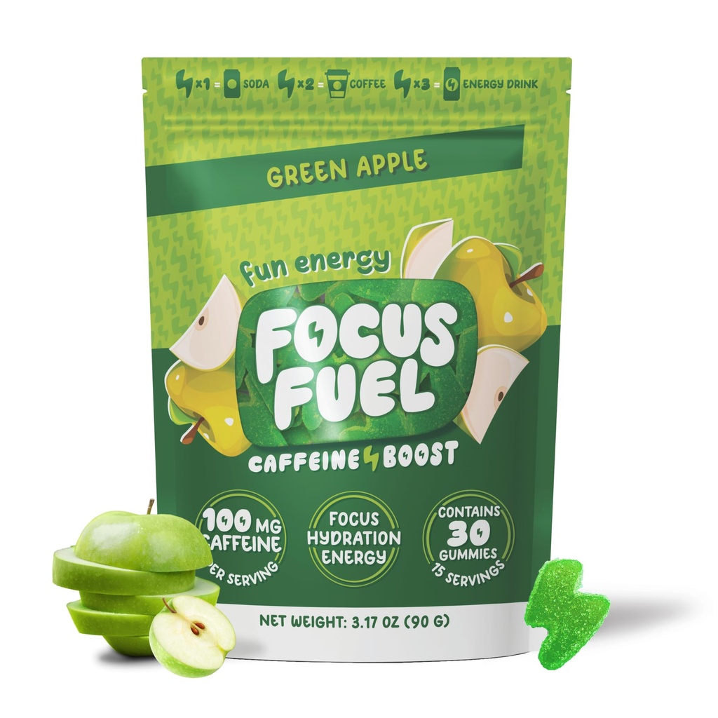 FocusFuel Energy Chews - Green Apple Flavor (15 Servings) - 100 mg kofeinu + B12, hořčík, Alpha GPC - Focus & Energy - No Crash nebo Jitters