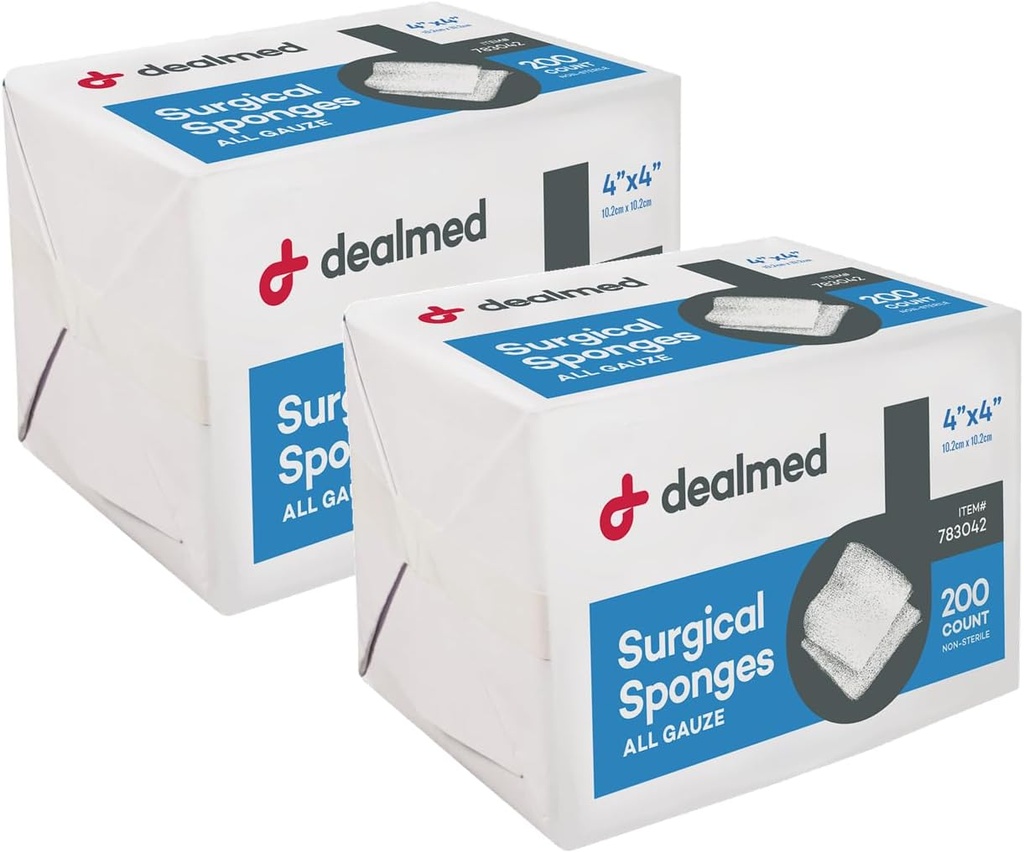Dealmed 4 "x 4" Chirurgické Sponges, 8-Ply, Non- Tfined Absorbent Gauze Sponges for Wound Care, First Aid Kits and Medical Requirements, 200 Count (Pack of 2)