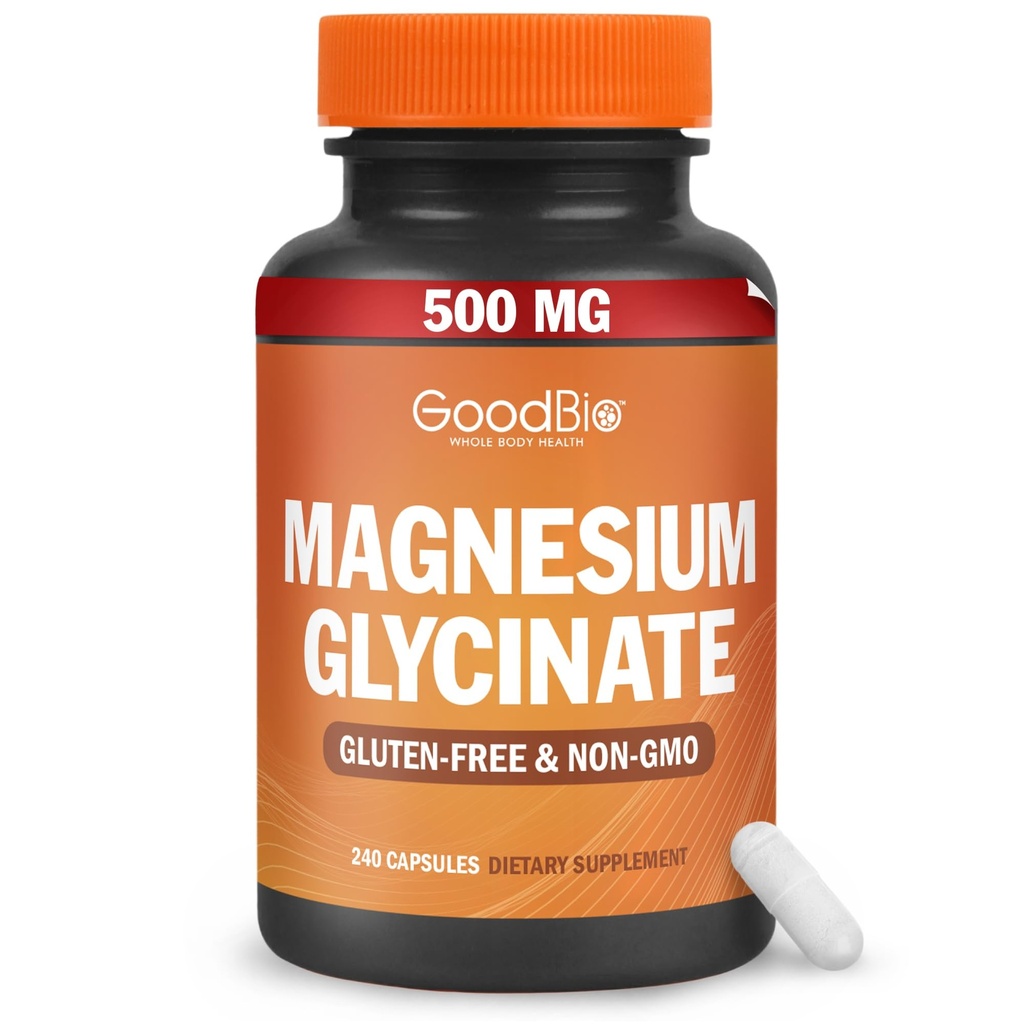 Glycinát hořečnatý - vysoce absorpční doplněk hořečnatý 500mg per Serving for Stress Relief, Sleep, Heart and Bone Health, Nerve Support - Non- GMO, Gluten- Free, Gentle on Stomach, 240 Kapsle