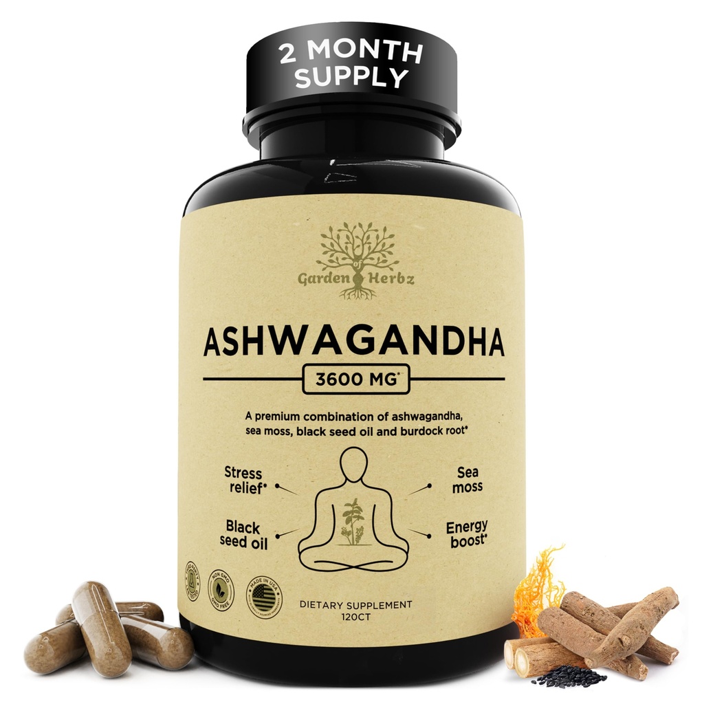 Organic Ashwagandha Root & Irish Sea Moss - 3,600 mg Ashwagandha dodatek s Black Seed Oil, & Burdock Root - Bylinný dodatek pro energii, klid, nálada, & Wellness, 120 Caps