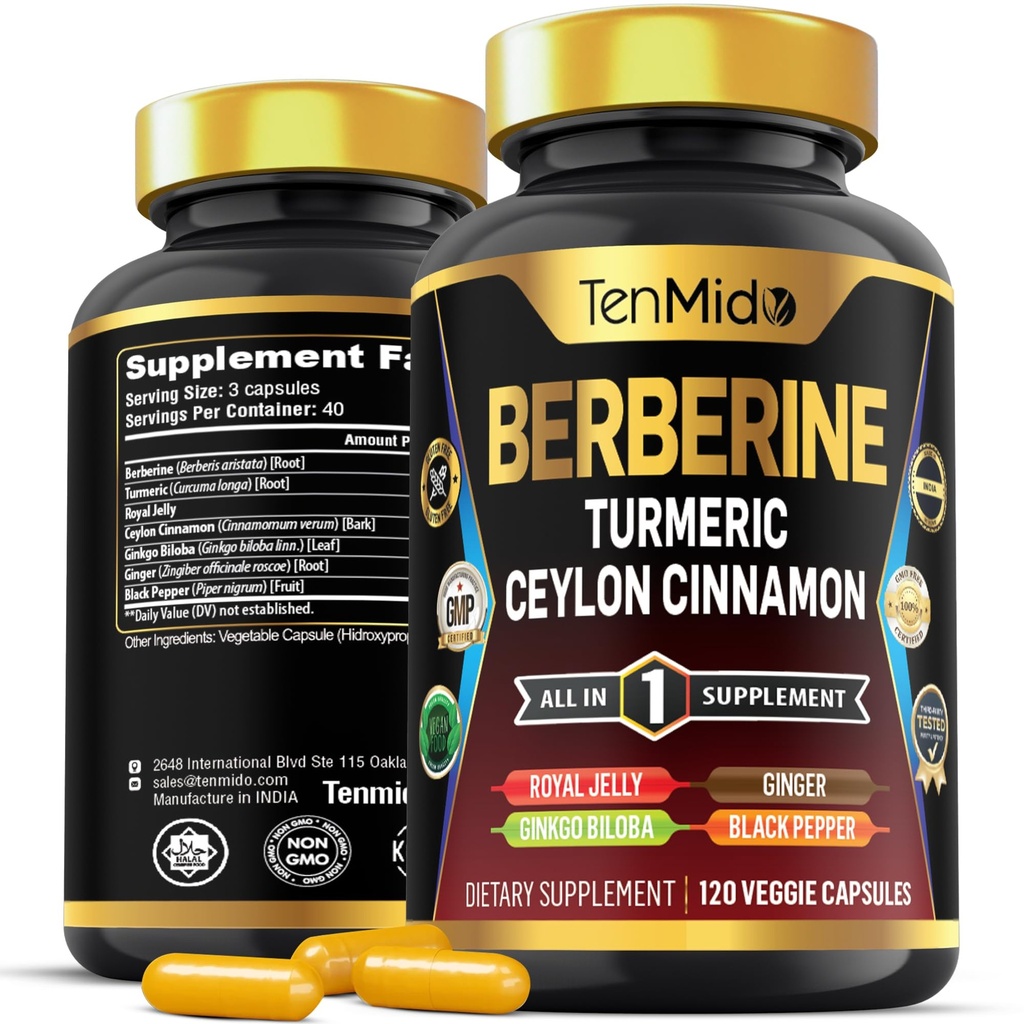 Berberine dodatek - 7in1 Formule - Kombinace s kurkuma, Royal Jelly, Ceylon Skořice, Ginkgo Biloba, Ginger & Black Pepper - Digestivní zdraví, Imunitní podpora - 120 Kapsle