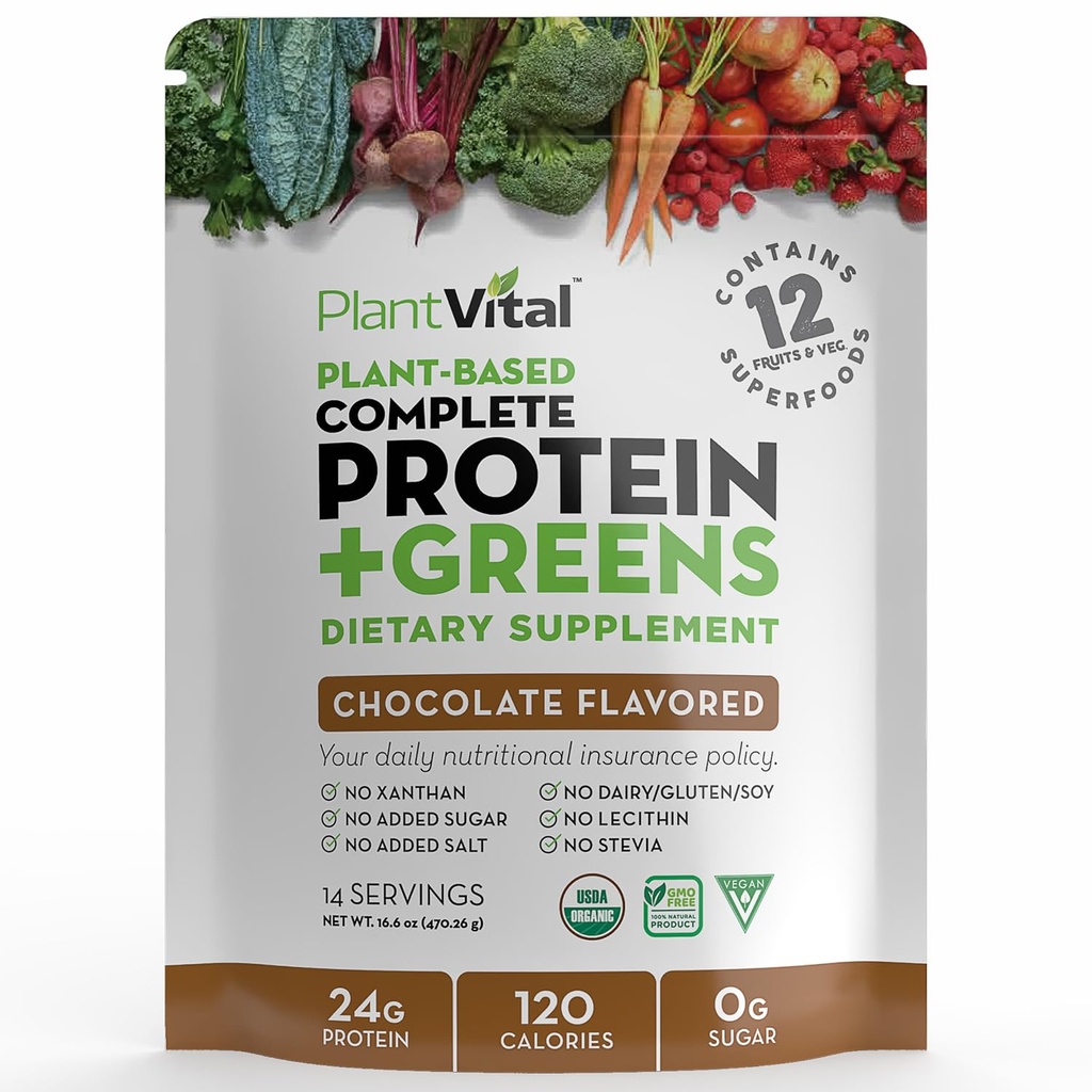 Plantvital Vegan Protein Powder Plant Based, Organic Protein Powder Chocolate 24g / 0g Sugar, 12 Superfoods, Veggies, Probiotika, Raw Cocoa, Kale, Beets, Spirulina, Pea, gluten- Free, Keto- Friendly, 16oz